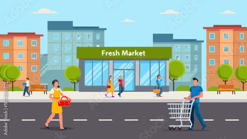 People enjoying a sunny day while shopping at a vibrant fresh market in the city