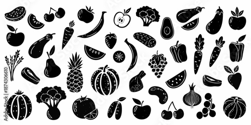 A diverse collection of hand drawn fruits and vegetables in black and white
