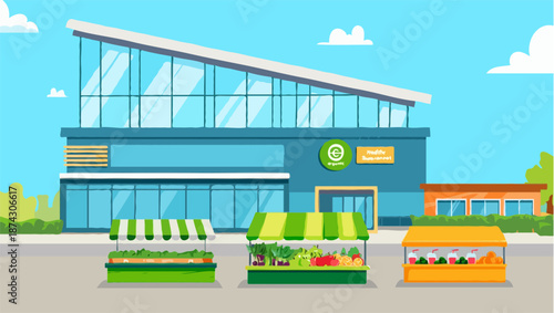 A vibrant outdoor market with fresh produce stalls in front of a modern grocery store building