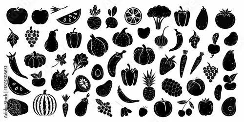 A black and white collection of various fruits and vegetables in a pattern