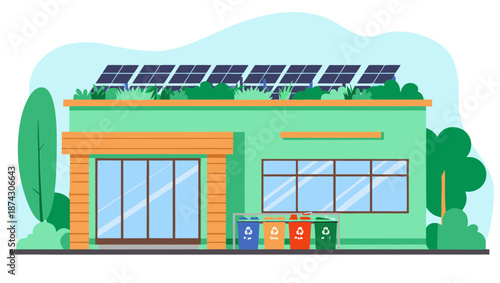 Sustainable green building with solar panels and recycling bins for a brighter future
