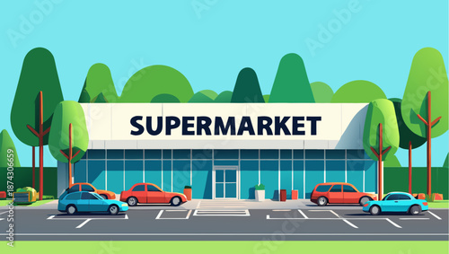 Suburban Supermarket Storefront and Parking Lot Illustration
