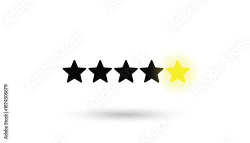 Four black stars and one glowing yellow star in minimalist design with soft lighting on white background for customer review