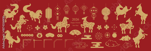 Happy Chinese New Year 2026-2027 vector icon set with zodiac horses and goats lanterns fireworks clouds flowers and traditional gate. Festive red and gold illustration for greeting cards and banner.