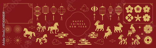 Happy Chinese New Year 2026-2027 vector icon set with zodiac horses and goats lanterns fireworks clouds flowers and traditional gate. Festive red and gold illustration for greeting cards and banner.