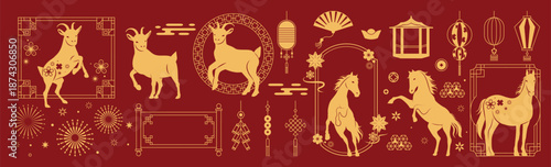 Happy Chinese New Year 2026-2027 vector icon set with zodiac horses and goats lanterns fireworks clouds flowers and traditional gate. Festive red and gold illustration for greeting cards and banner.