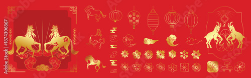 Happy Chinese New Year 2026-2027 vector icon set with zodiac horses and goats lanterns fireworks clouds flowers and traditional gate. Festive red and gold illustration for greeting cards and banner.