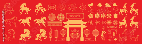 Happy Chinese New Year 2026-2027 vector icon set with zodiac horses and goats lanterns fireworks clouds flowers and traditional gate. Festive red and gold illustration for greeting cards and banner.