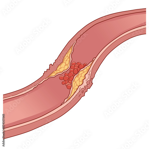 blocked artery with yellow cholesterol plaque buildup and a red blood cell clot