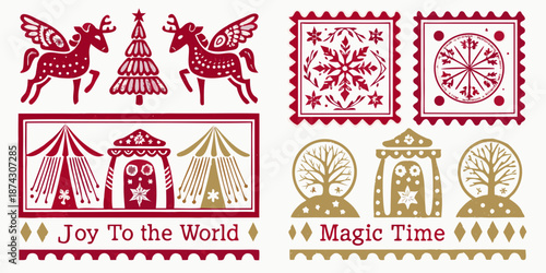 Vintage christmas motifs horses trees and geometric patterns in red and gold