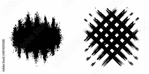 Abstract black brushstroke designs irregular blot and textured diamond grid