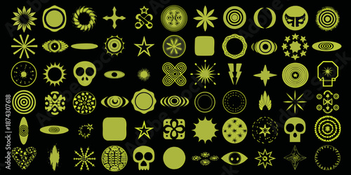 A collection of glowing green mystical symbols and shapes on a black background