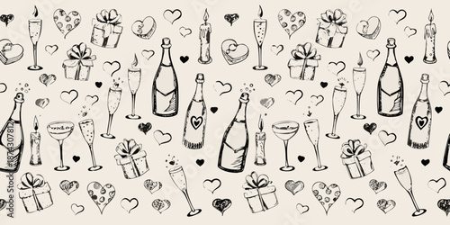 A whimsical sketch pattern of champagne gifts and hearts for celebrations