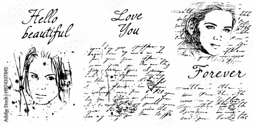 Black and white sketch with portraits handwriting and romantic phrases