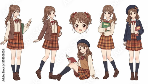 Anime schoolgirl in various poses with books and uniform