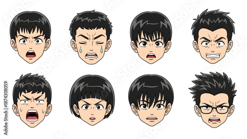 Cartoon man faces with various emotional expressions