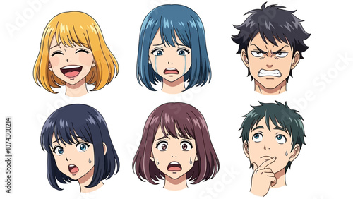 Diverse anime characters expressing various emotions