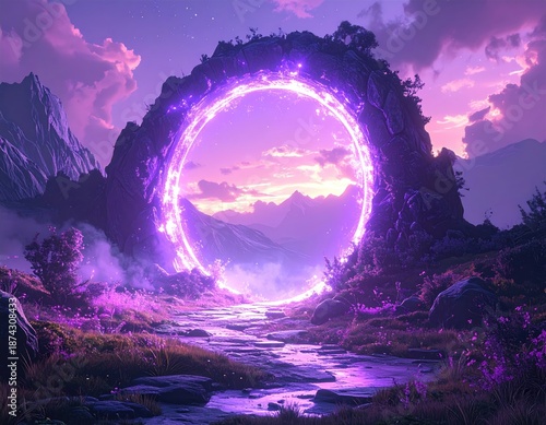 Glowing purple portal illuminates a magical landscape at twilight.