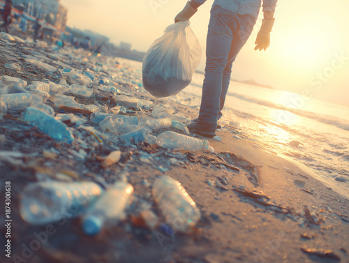 Plastic waste pollution on the beach with volunteers cleaning up trash at sunset, ai generated