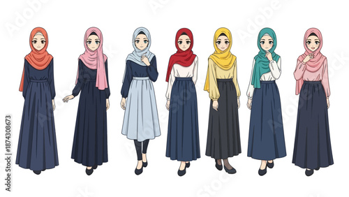 Diverse group of women wearing colorful hijabs and stylish outfits