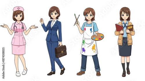 Four women in different professions with brown hair