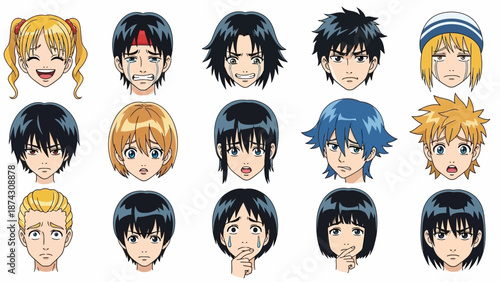 Diverse anime character faces with various emotions and expressions