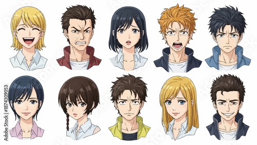 Diverse anime characters with various expressions and hairstyles