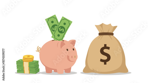 Financial savings concept features a pink piggy bank with dollar bills and a large burlap money bag icon on white.