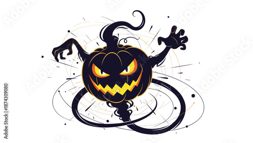 Menacing pumpkin ghost with glowing yellow eyes and a sharp-toothed grin swirls in dark mystical energy at night.