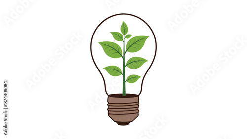 Small green plant starts to grow from soil inside a glass light bulb symbolizing eco-friendly energy ideas on white.
