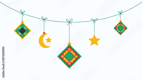 Festive Ramadan or Eid ornaments including a crescent moon, star, and lanterns hang on a decorative string at night.