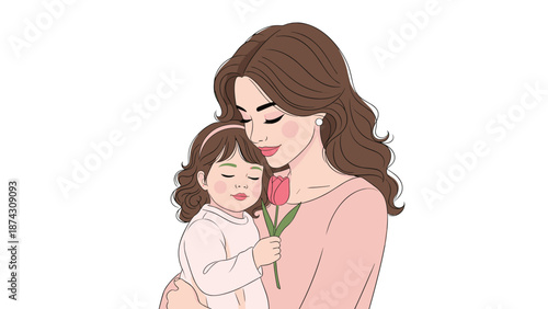 Loving mother hugs her young daughter who is holding a single pink tulip flower in a heartwarming family scene.