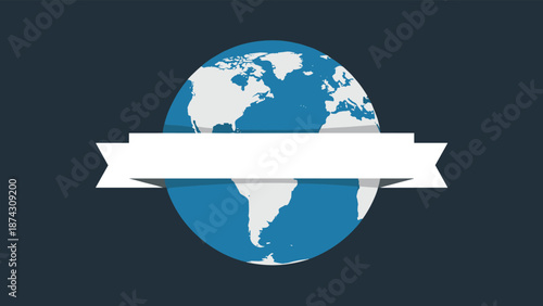 Blue and white globe of Earth has a blank white ribbon banner across the middle for custom text or titles on blue.