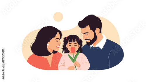 Loving family with a father, mother, and daughter holding a red tulip flower is shown in a warm illustration.