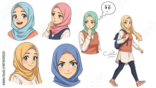 Diverse Muslim women in colorful hijabs smiling and thinking