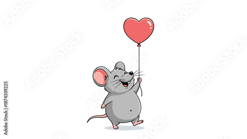 Happy little grey mouse holds a red heart-shaped balloon while walking in a cute and friendly illustration.