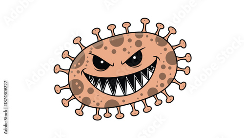 Menacing brown cartoon germ or virus character with sharp teeth and many small flagella on its surface on white.