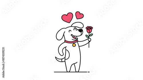Cute white cartoon dog holds a red rose flower in its mouth with two pink hearts floating above its head on white.