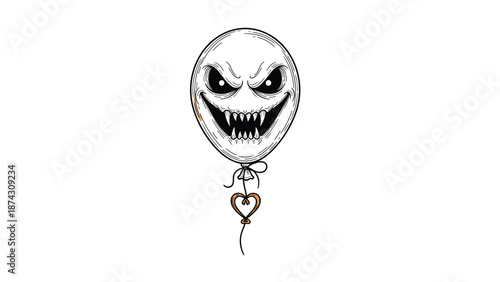Spooky white balloon illustration featuring a menacing face with sharp teeth and an evil expression perfect for halloween themed decorations.