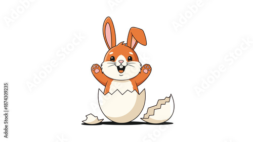 Adorable brown bunny rabbit happily hatching from a white eggshell with its paws raised in a joyful gesture for easter celebration graphics.