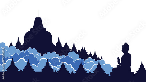 Silhouette of the majestic Borobudur temple complex in Indonesia with blue clouds and a peaceful Buddha statue on a bright white background.