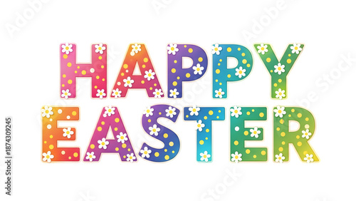 Happy easter greeting with colorful floral text on isolated on transparent background