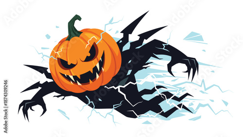 Menacing pumpkin headed ghost creature surrounded by electric lightning bolts and sharp shards for dark halloween and horror design themes.