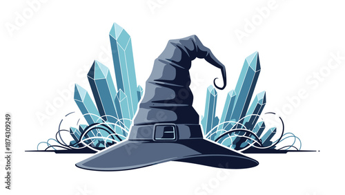 Mystical pointed wizard hat in dark blue surrounded by light blue crystals and swirling lines for fantasy and magical themed illustrations.