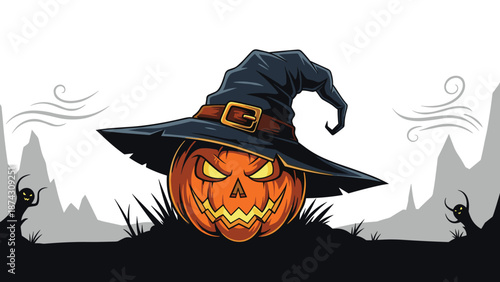 Halloween illustration of a carved orange jack-o-lantern wearing a dark wizard hat set against a spooky landscape with silhouettes and wind.