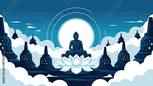 Serene Buddha statue meditating in front of a full moon at the Borobudur temple surrounded by stupas and soft blue clouds in a flat style.
