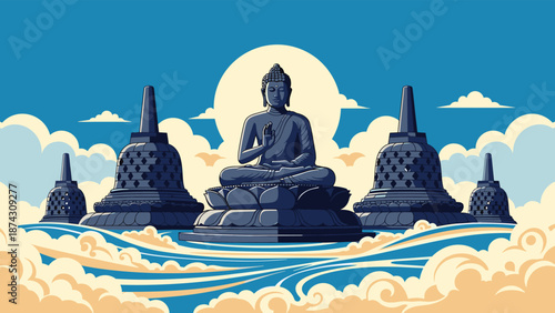 Sunset view of the Borobudur temple in Indonesia featuring a central Buddha statue meditating amidst ancient stone stupas and golden clouds.