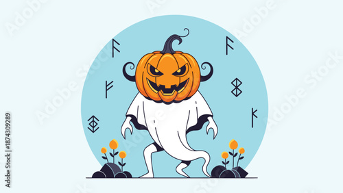 Eerie ghost figure with an orange pumpkin head standing amidst mystical runes and small yellow flowers for a unique halloween themed graphic.