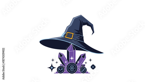 Magical wizard hat resting atop a cluster of glowing purple crystals and mystical symbols on a clean white background for fantasy themes.