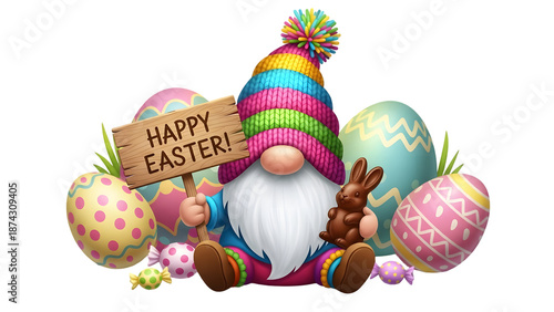 Easter gnome holding happy easter sign isolated on transparent background